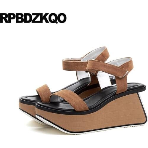 Flatform black women slingback pumps brown genuine leather platform wedge sandals summer 2019 shoes female designer suede ladies
