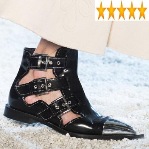 Pointed Fashion Metal Women Punk Toe High Top Buckles Hollow Out Low Heels Rivets Runway Sandals Genuine Leather Shoes