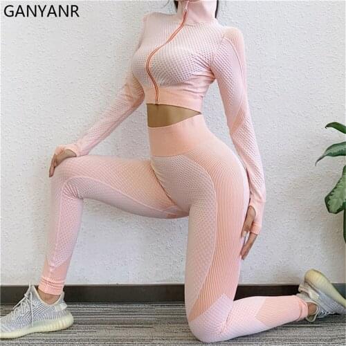 GANYANR Seamless Yoga Set Fitness Clothing Sportswear Sport Legging Workout Pants Bodysuit Long Sleeve Crop Top Women Gym Suit