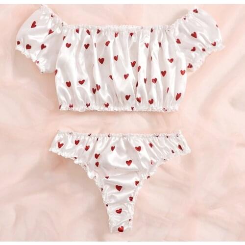 Women Sexy Two-piece Nightwear Set, White Heart Printed Pattern Crop Tops and Panties Female Underwear, S/ M/ L/ XL