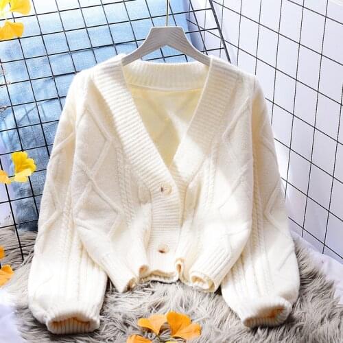 White Twist Sweater Womens Cardigan Loose 2021 New Spring And Autumn Lazy Wind Thickened Long Sleeve Knitted Top