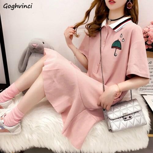 Short Sleeve Pink Dress Women Sweet Turn-down Collar Leisure Simple Embroidery Students Leisure Elegant Ins Fashion Vestidos New