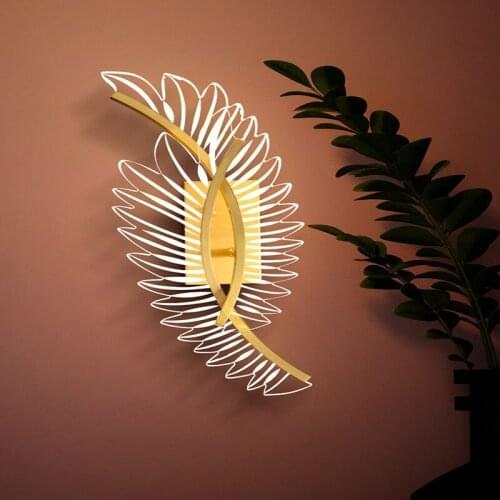Feather design acrylic wall lamp bedroom living room decor gold wall light fixture decorative mirrors bedside led wall lights