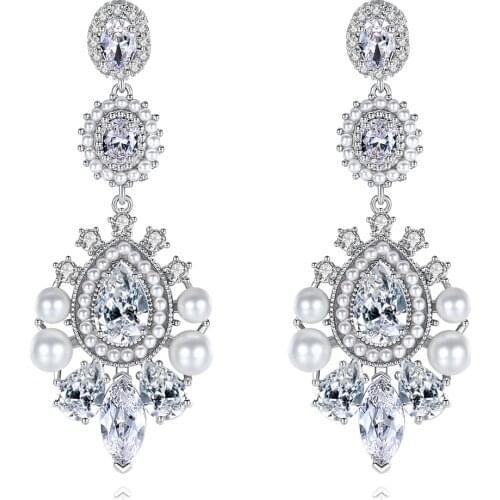 COCOM Pearl Long Drop Earrings Wedding Engagement Accessories for Women AAA Cubic Zirconia Pendant Earrings Boucle Oreille Femme
