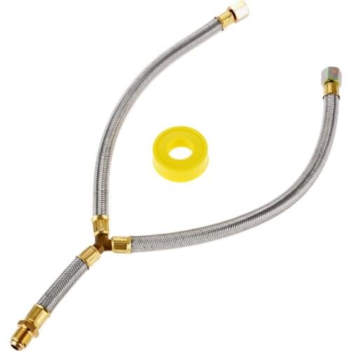 Propane Grill Y-Splitter Extension Adapter Braided Hose Length 15 with 3/8 Flare Connection with 1Pc Gas Line Pipe Thread Tape