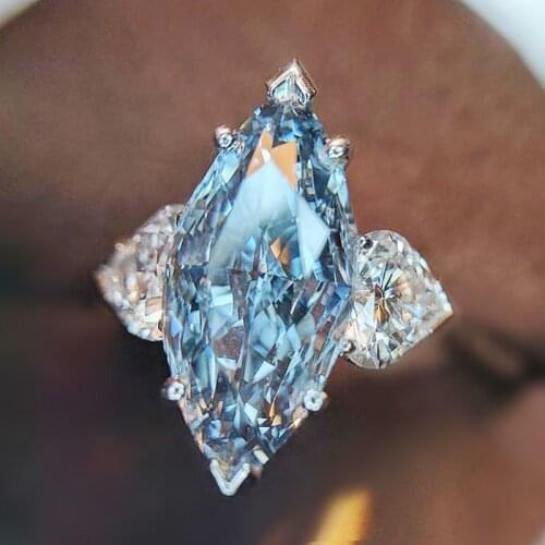 Huitan Light Blue Marquise Stone with Two Crystal Heart Zircon Romantic Women Ring Wedding Engagement Party Fashion Jewelry Ring