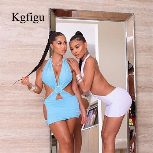 KGFIGU 2021 Winter Diamond Halter Deep V-Neck Vestidos Backless Slit Sleeveless Sexy High Waist Dresses For Woman Party Dress