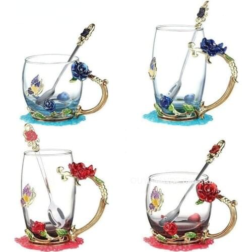 Enameled Glass Coffee Cup, Red and Blue Rose Heat-resistant Tea Cup, Beautiful Flower Cup, Stainless Steel Spoon Coaster and Rag
