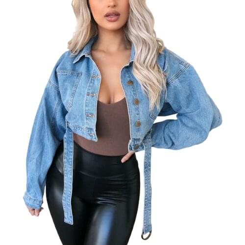 2021 Fashion Casual Denim Coat Women Long Sleeve Turn-Down Collar Outerwear Buckle Single-breasted Loose Short Jacket Streetwear