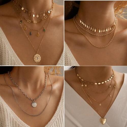 Fashion Boho Vintage Multilayer Necklace For Women Heart Shape Crystal Star Pendant Necklaces Female Jewelry Valentine Gift