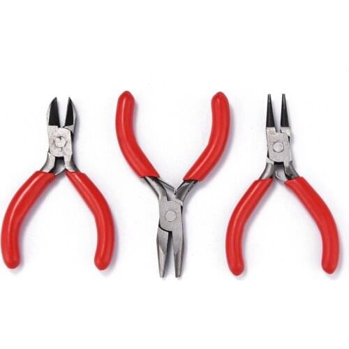45# Steel Jewelry Making DIY Tool Sets: Round Nose Plier, Side Cutting Plier and Long Nose Plier, Red ,3pcs/set F80