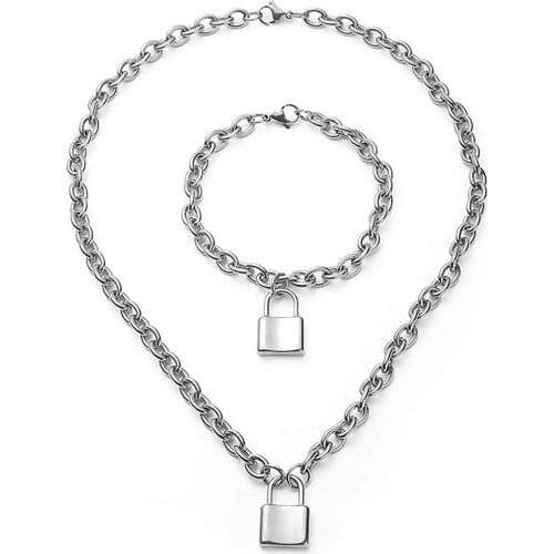 Punk Stainless Steel Silver Color PadLock Pendant Necklaces link Chain Necklace Lock Bracelet Gothic Jewelry For Women Men