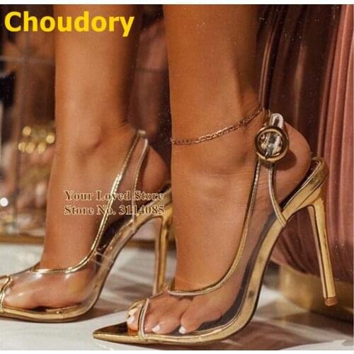 Choudory Transparent Clear PVC Dress Pumps Gold High Heels Round Buckle Banquet Shoes Pointed Toe Patchwork Open Toe Women Shoes