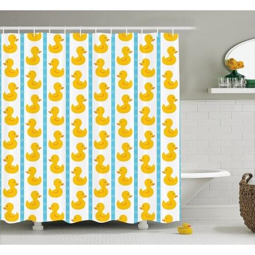 Rubber Duck Shower Curtain Yellow Duckies with Blue Stripes and Small Circles Baby Nursery Play Toys Wall Decoration Curtains