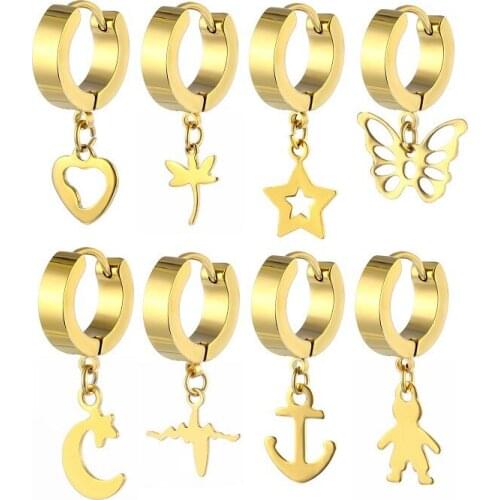 Gold Color Stainless Steel Earrings Anchor Moon Stars Heart Pendant Hoop Earrings For Women Men Hip Hop Punk Huggie Earrings