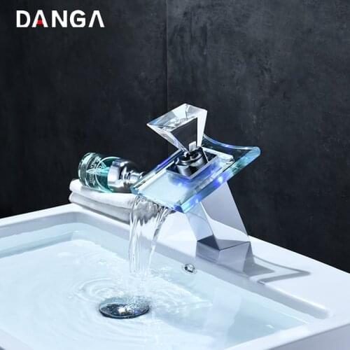Basin Faucets LED Crystal Ball Bathroom Faucet Square Waterfall Sink Tap Toilet Lift-up Faucet Color Luminous Hot and Cold Mixer