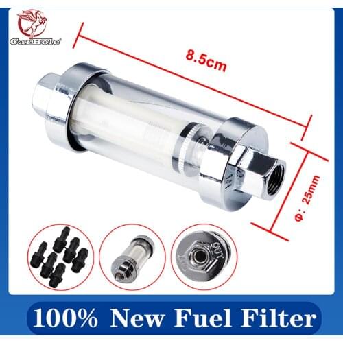 Universal Clear View Inline Internel Fuel Filter Chrome Hose 1/4" 3/8" 5/16" With Glass Body