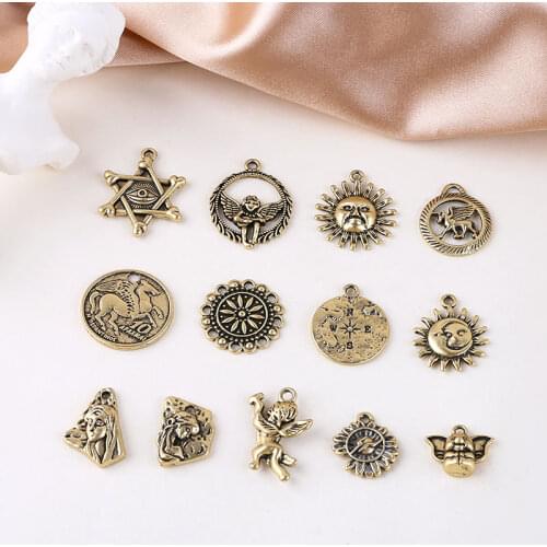 6pcs Guya Golden Angel Pendant Drop Earring Vintage Sun God Coin Drop Earrings Retro Necklace Material DIY Jewelry Accessories