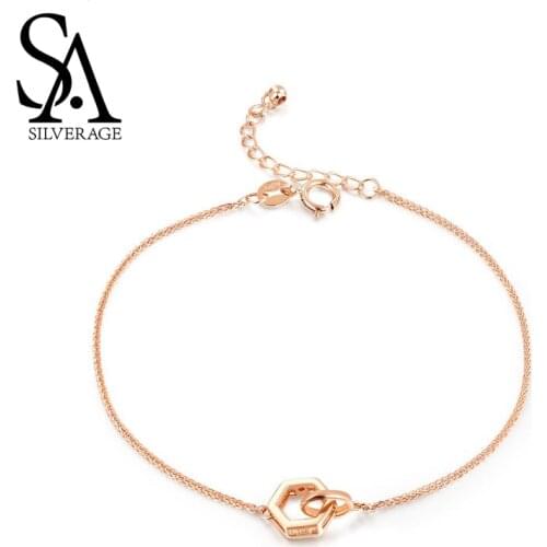 SA SILVERAGE Bracelet Fine Jewelry 2019 Bracelet Girls 18K Rose Gold Chain Link Bracelets Bangles for Women Hexagon Shape Charm