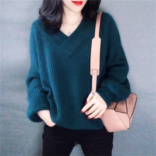Autumn Winter Loose Short V Collar Long Sleeve Knitted Sweater Women Pullover Korean Jumper Ladies Coarse Yarn Knit Tops Female