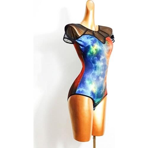 Galaxy Design Short Sleeve Bare Back Women Latin Dance Bodysuit Latin Dancing Tops Cloth Tango Chacha Dancing Performamnce TL566