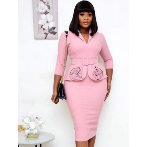 Women Autumn Dress Ladies 2020 Casual Plus Size Slim Office Dress Retro Elegant V-Neck High Waist Printed 3/4 Sleeve Party Dress