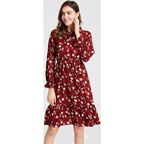 Plus Size Womens Long Sleeve Chiffon Shirt Dresses Casual Bow Floral Printed Club Party Dress Spring Autumn Red Boho Dress 2021