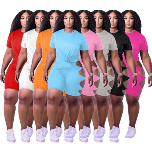 ZKYZWX Summer Plus Size 2 Piece Set Short Sleeve T Shirt Top Hollow Out Shorts for Women Workout Tracksuit Casual Matching Sets