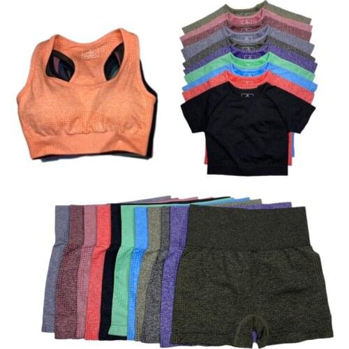3Pcs Sports Suits Seamless Yoga Set Women Gym Workout Clothes Sports Bra+Yoga Running Biker Shorts+Short sleeve