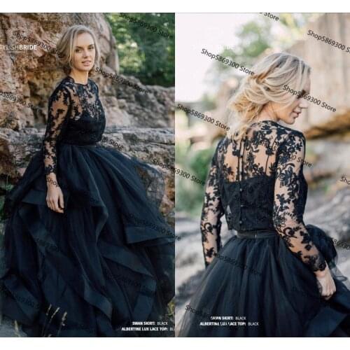 Swan Black gothic Engagement Wedding Dresses Waves Horsehair Skirt Albertine Lace Top Bohemian Long Sleeve Beach Bridal Gowns