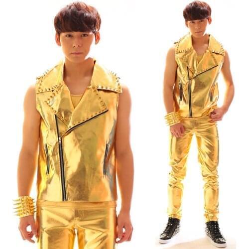 Jazz Dance Costumes Men Gold Suit Zipper Jacket Gogo Clothing Male Hip Hop Dancing Costumes Fashion Party Stage Outfit Set DT783