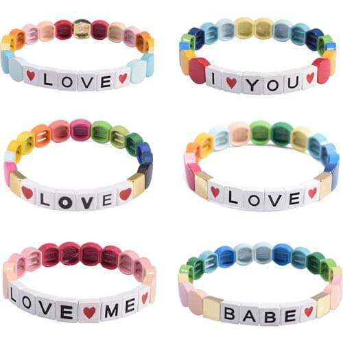 Enamel Rainbow Honeycomb Tile Bracelet Hematite Boho Miyuki Tila LOVE Alphabet Beads Bangles Set for Woman VSCO Girl Gift