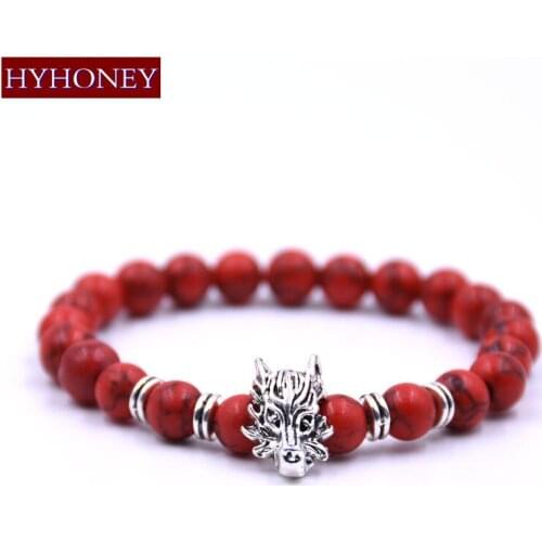 HYHONEY 8MM Natural stone Bracelet Lava Beads Chakra Bangles Dragon head Wristband bijoux Men Jewelry