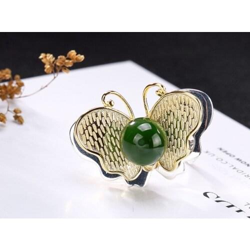 2019 Vintage Elegant Jasper Ring For Lady Real 925 Sterling Silver Butterfly Natural Stone Ring For Engagement Wedding Gift