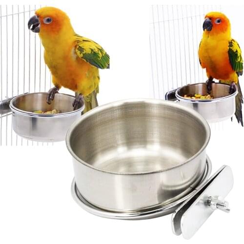 Pet Food & Water Bird Cup with Clamp Holder Stainless Steel Coop Cup Feeding Dish Feeder for Parrot Macaw African Greys Budgies