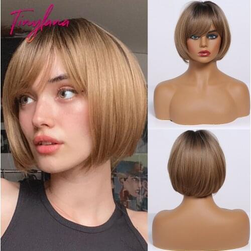 TINY LANA Short Cut Straight Wig with Bangs Synthetic Bob Wigs for Black Women Dark Root Honey Brown Heat Resiatant Fiber Daily
