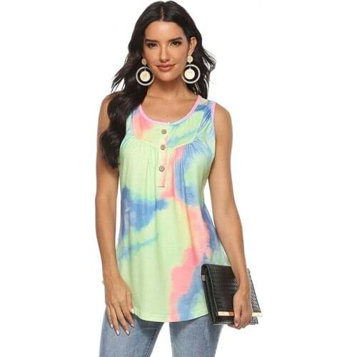 Summer Tie-dye O-neck Sleeveless T-shirt Women Street Wear Off Shoulder Hem Asymmetrical Female Tees And Tops Casual Clothes