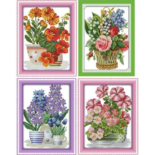 Potted flower series cross stitch kit 11CT14CT printed pattern craft Chinese needlework DMC counted embroidery accessories decor