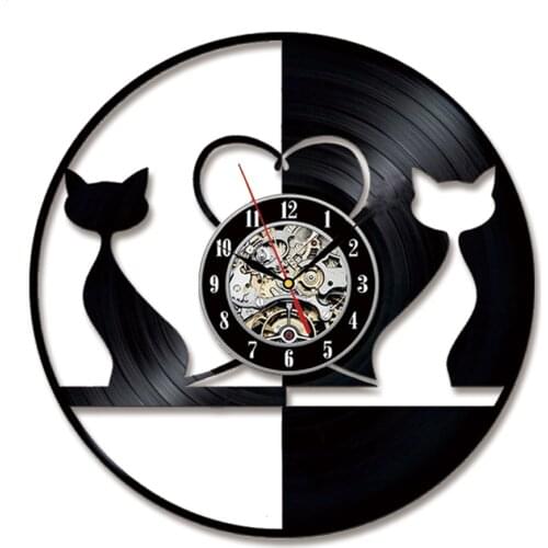 Vintage Design Love Cats Illuminated Vinyl Record Wall Clock Animals Clocks Couple Cats LED Light Kitten Kitty Home Decor Watch