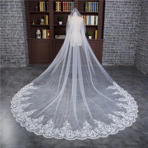New 3M One Layer Custom Made Ivory White Wedding Lace Appliqued Bottom Edge Veils Cathedral Length Bridal Free Comb Veil