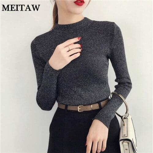 New 2019 Shiny Lurex Autumn Winter Sweater Casual Long Sleeve Turtleneck Pullovers Lady Slim Tops Female Knit Sweater
