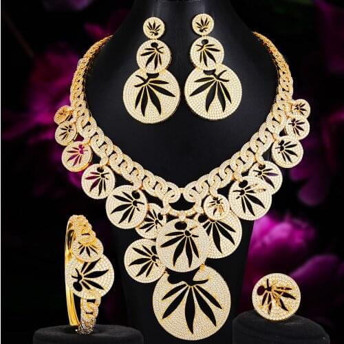 Brand New Luxury Exclusive Leaf Necklace Bangle Earrings Ring Jewelry Set for Bridal Wedding Women Noble Show Jewelry dubai