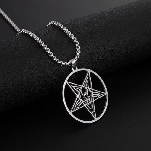 Silver Color Stainless Steel Necklace Pendant Goat PIN Jewelry Satanic PIN Lucifer Patch Large Talisman Baphomet Halloween Gift