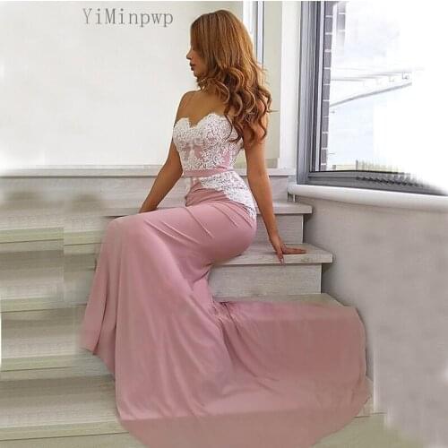 YiMinpwp Pink Mermaid Bridesmaid Dresses Spaghetti Backless Sweep Train White Appliques Garden Wedding Guest Party Gowns Custom