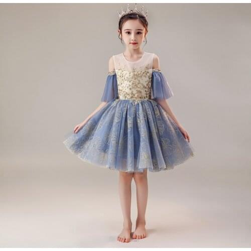 Flower Girl Dresses Tiered Lace Princess Ball Gown O-Neck Tulle Sequined Lace Off The Shoulder Knee-Length Kids Party Dress D177