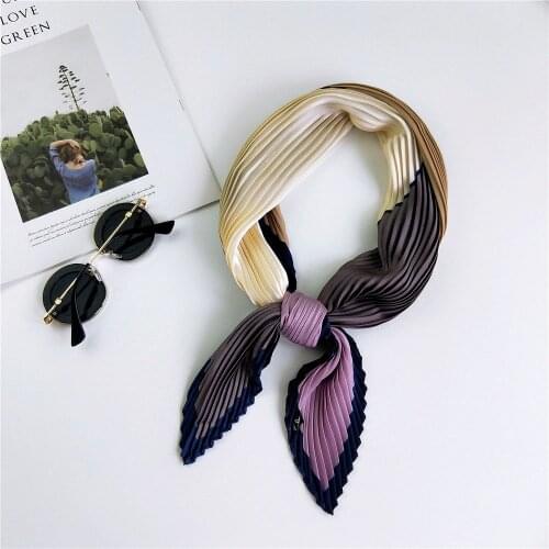 Pleated Satin Scarves For Women Silky Square Head Hair Neck Scarf Neckerchief Bandana Headband Lightweight Printed Wrap Shawls