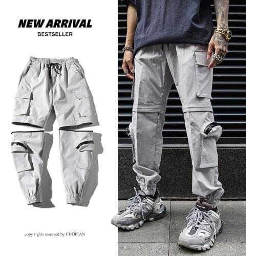 Streetwear Hip Hop Men Cargo Harem Pants Patchwork Pocket Side 2020 New Loose Joggers Sweatpants Men Ankle Length Trousers Male