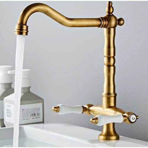 Faucet For Kitchen Dual Handle Antique Brass Retro Faucet 360 Degree Rotation Kitchen Sink Taps Deck Mounted Bathroom Sink Mixer