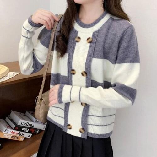 Irregular stripe sweater 2020 autumn new womens double-breasted pullover long-sleeved sweater