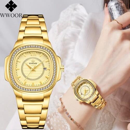 2021 Women Wrist Watches WWOOR Top Brand Classic Geneva Diamond Watch Ladies Stainless Steel Gold Quartz Clock Relogio Feminino